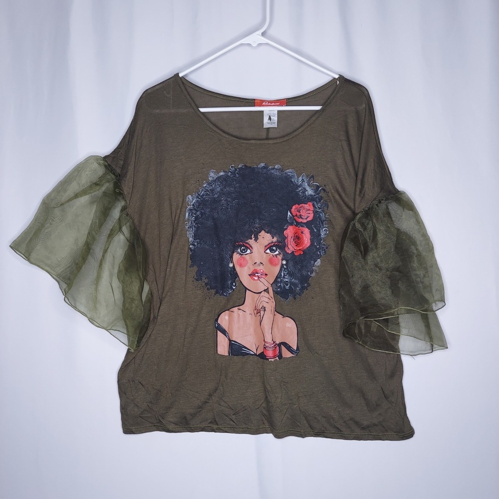 Rainbow Y2K‎ Graphic Afro Woman Top Jrs 1XL Green Tulle Ruffle Short Sleeve 00s